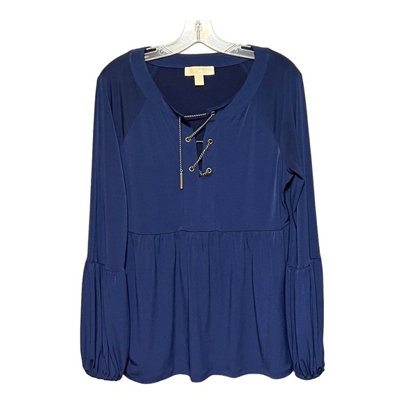 Michael Kors Chain Detail Babydoll Top Navy Long Bishop Sleeve Peplum Blouse - Picture 1 of 3